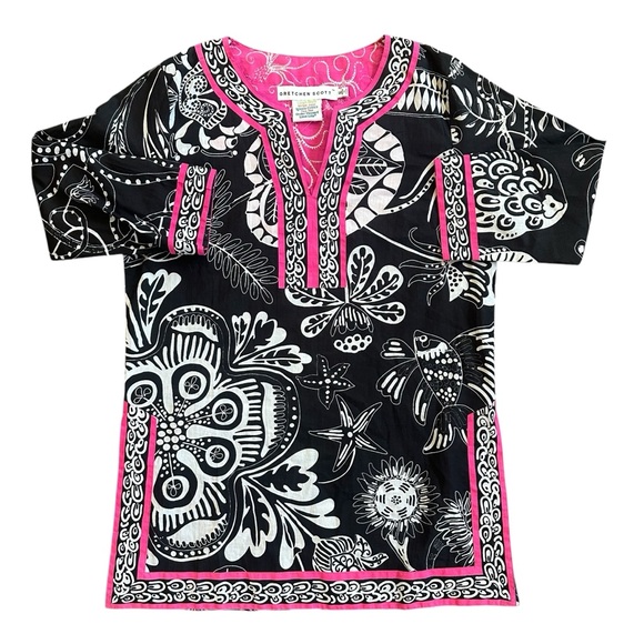 Gretchen Scott Black White & Pink Fish and Seashell Print 3/4 Sleeve Tunic Small - Picture 1 of 9